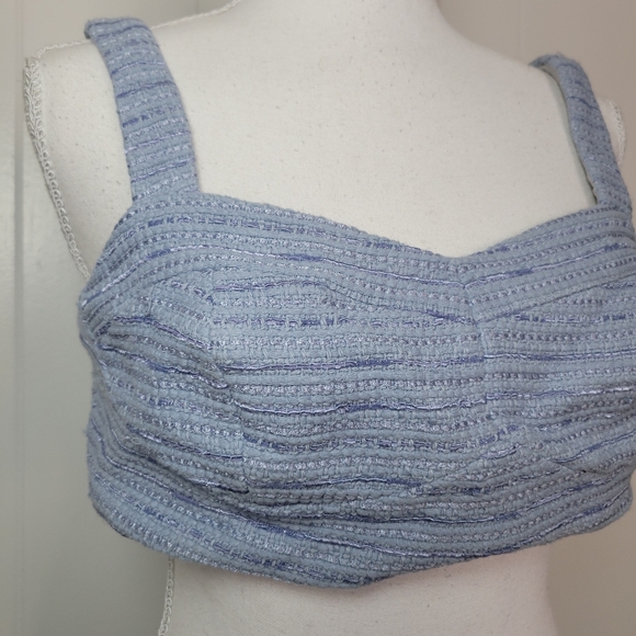 Gaala Paris Tweed Blue Bustier Cropped Bra Tank Top Button Back Dainty Chic 40 S - Picture 3 of 13